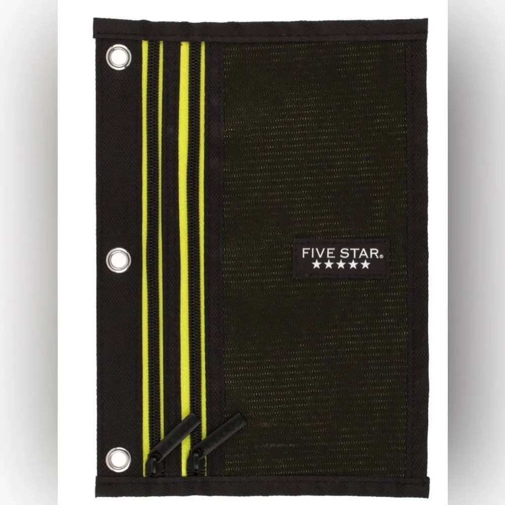 Five Star Black Green Silver Mesh Dual Zipper Binder Compatible Pencil Pouch